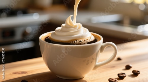  a cup of coffee with whipped cream on top, sitting on a wooden surface with coffee beans scattered around it The background is slightly blurred, giving the image a