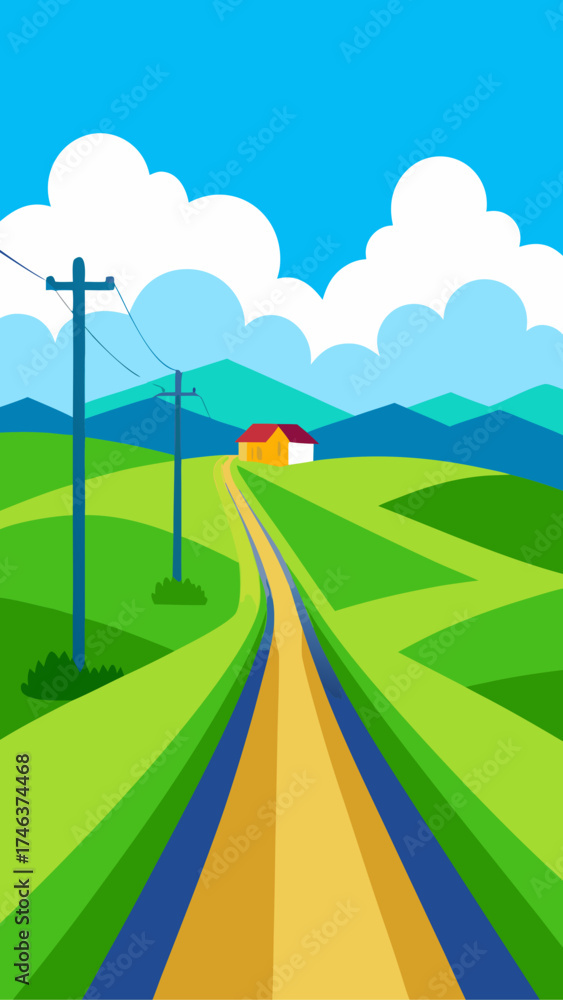 Fototapeta premium Landscape view with road leading to house on hill