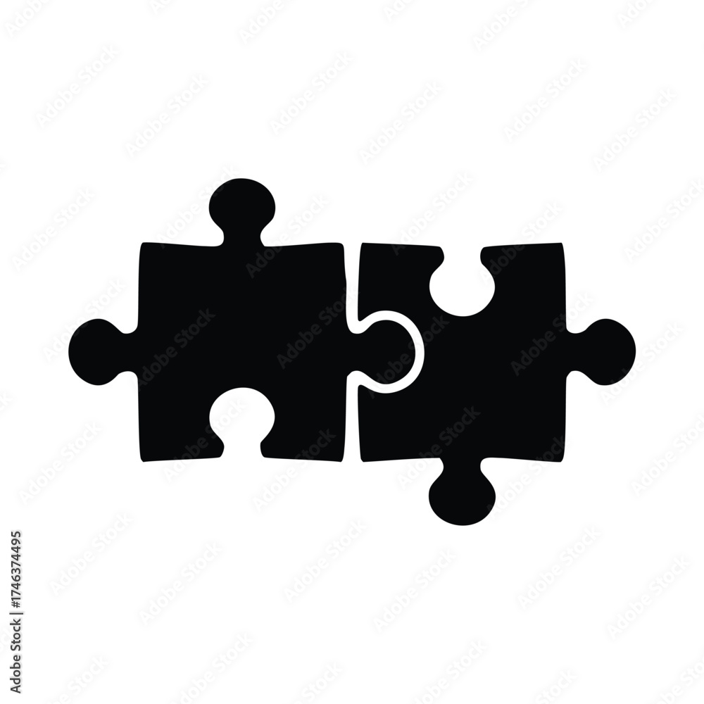 Obraz premium Two Black Puzzle Pieces Interlocking on White Background