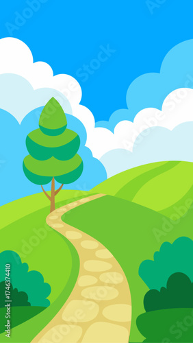 Cartoon landscape with path tree and cloudy sky art
