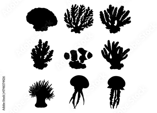 Collection of diverse underwater sea life silhouettes including anemones, corals, and jellyfish