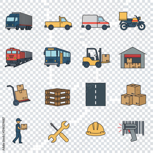 A detailed collection of colorful line art icons symbolizing various elements of logistics, freight transportation, and supply chain management
