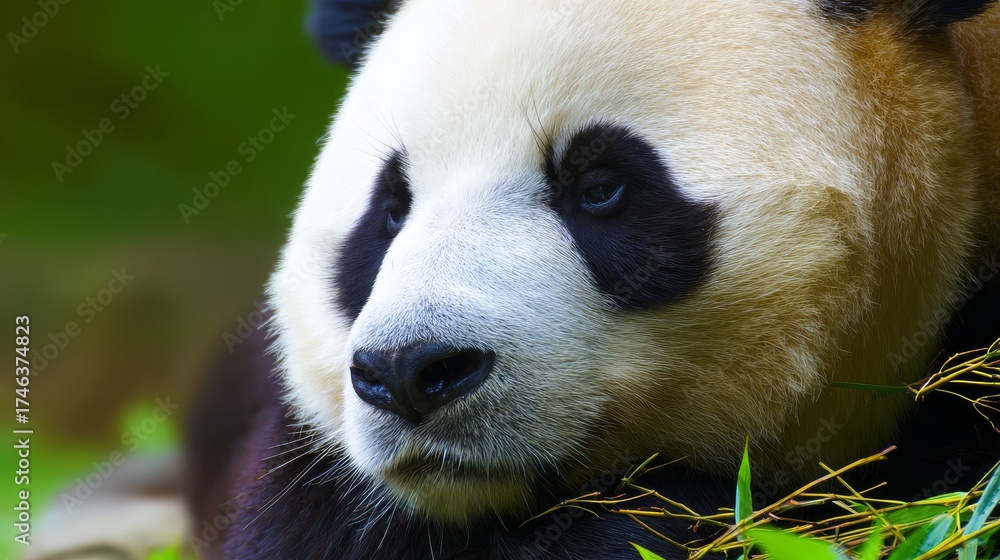 Obraz premium Giant panda resting peacefully in lush bamboo forest, symbol of wildlife conservation and endangered species protection in natural habitat