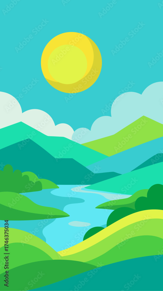 Obraz premium Illustration of a sunny landscape with river and hills