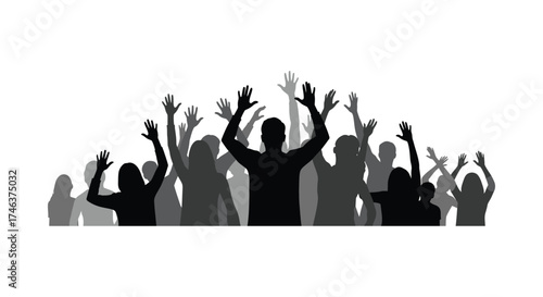 Silhouetted crowd celebrating with arms raised in joyful unity and excitement outdoors
