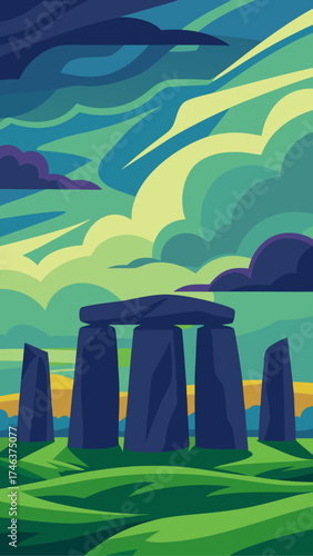Stonehenge landscape under a cloudy sky artwork