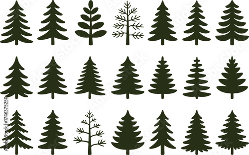 Collection of evergreen tree silhouettes featuring various pine, fir, and spruce shapes. Minimalist black vector illustration representing forest, nature, wilderness, and environmental themes for desi