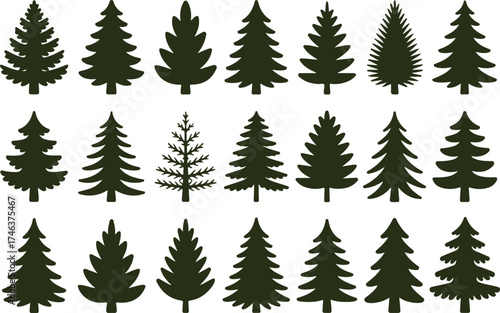 Collection of evergreen tree silhouettes featuring various pine, fir, and spruce shapes. Minimalist black vector illustration representing forest, nature, wilderness, and environmental themes for desi