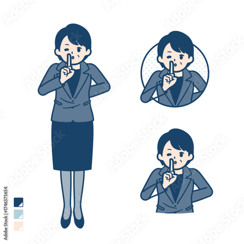 ビジネスミドル女性が指でシーとしているイラスト