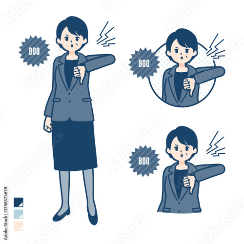 ビジネスミドル女性が抗議・ブーイングしているイラスト
