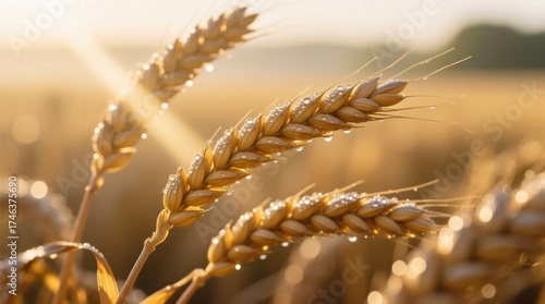  a field of ripe wheat with water droplets glistening on its golden stalks, set against a backdrop of a clear blue sky