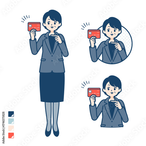 ビジネスミドル女性がクレジットカードを指差しているイラスト