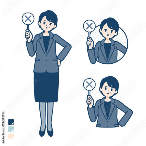 ビジネスミドル女性がバツ印パネルを出すイラスト
