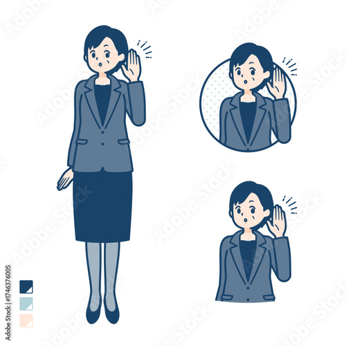 ビジネスミドル女性が聞き耳をたてているイラスト