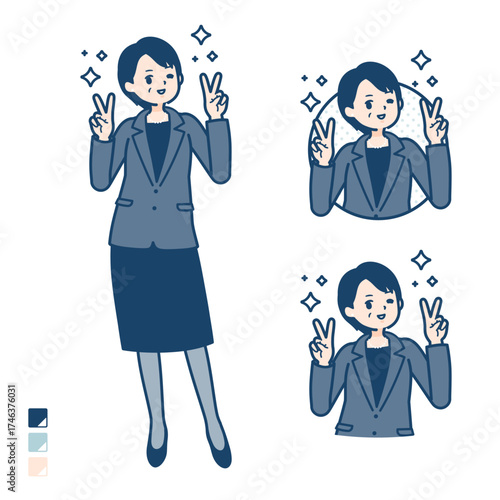 ビジネスミドル女性がピースサインをしているイラスト