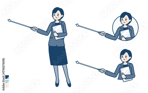 ビジネスミドル女性が指示棒で解説しているイラスト