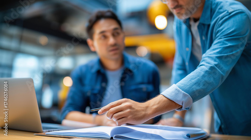 Mentor standing by workstation explaining project details gesture over open binder mentees cropped at chin area defocused mentoring coaching faceless background defocused