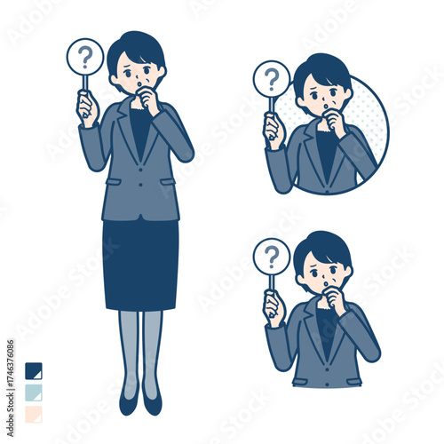 ビジネスミドル女性がクエスチョン印パネルを出すイラスト
