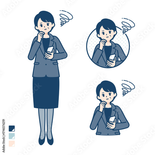ビジネスミドル女性がスマートフォンを持ち困っているイラスト
