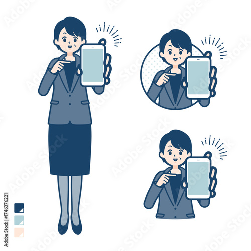 ビジネスミドル女性がスマートフォンを差し出しているイラスト
