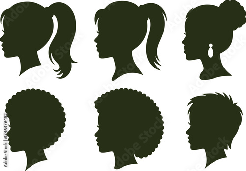 Six female profile silhouettes with diverse hairstyles such as ponytail, bun, afro, braids and floral accessory; minimalist vector illustration symbolizing hair fashion, beauty and diversity.