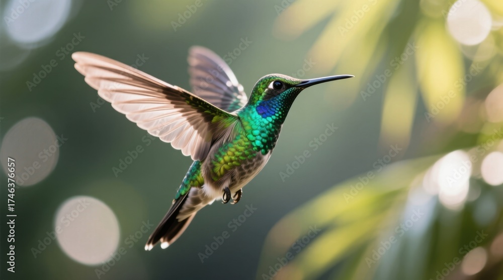 Naklejka premium a green hummingbird flying through the air with its wings spread, against a blurred background