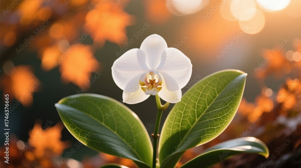 Fototapeta premium a white orchid flower with green leaves in the foreground, set against a blurred background
