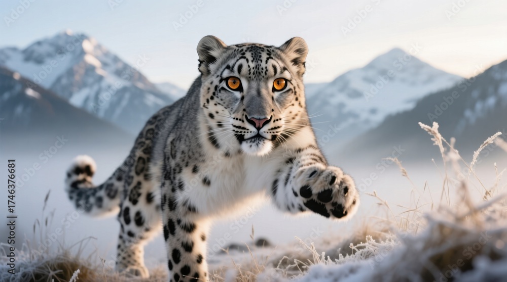 Obraz premium a snow leopard running across a snow covered field with mountains in the background The leopard is surrounded by grass and the sky is visible at the top of the ima