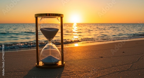 Hourglass on beach sand with ocean and sunset or sunrise in background.
