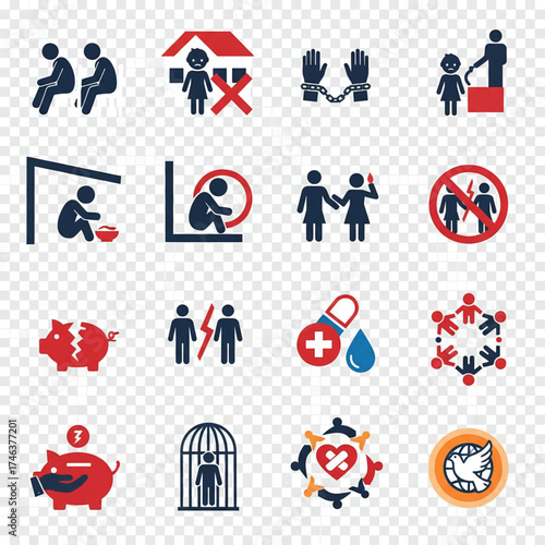 Humanitarian Aid and Social Issues Icons Representing Poverty, Freedom, and Health