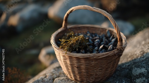 Basket of rugged coastal mussels nestled with seaweed, evoking seaside foraging rituals and celebrating Lughnasadh harvest festival