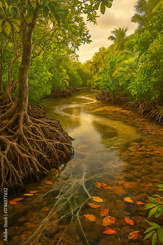 Winding Mangrove River with Exposed Roots and Floating Leaves water trees isolated on a transparent background