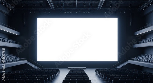 Empty auditorium with a large white screen and rows of seats.