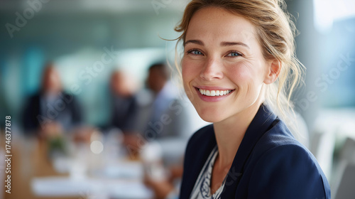Young female expert at boardroom smiling toward camera torso crop her team meeting behind in purposeful blur emerging leader faceless background defocused conference room