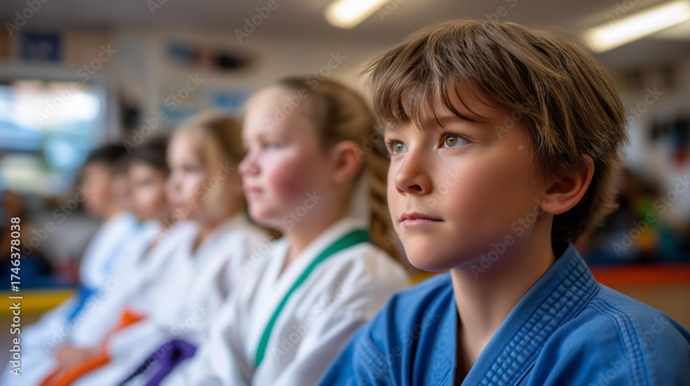 Fototapeta premium Taekwondo athletes lined up at martial arts school torsos framed belts visible expressions out dojo background defocused sports team martial arts faceless background