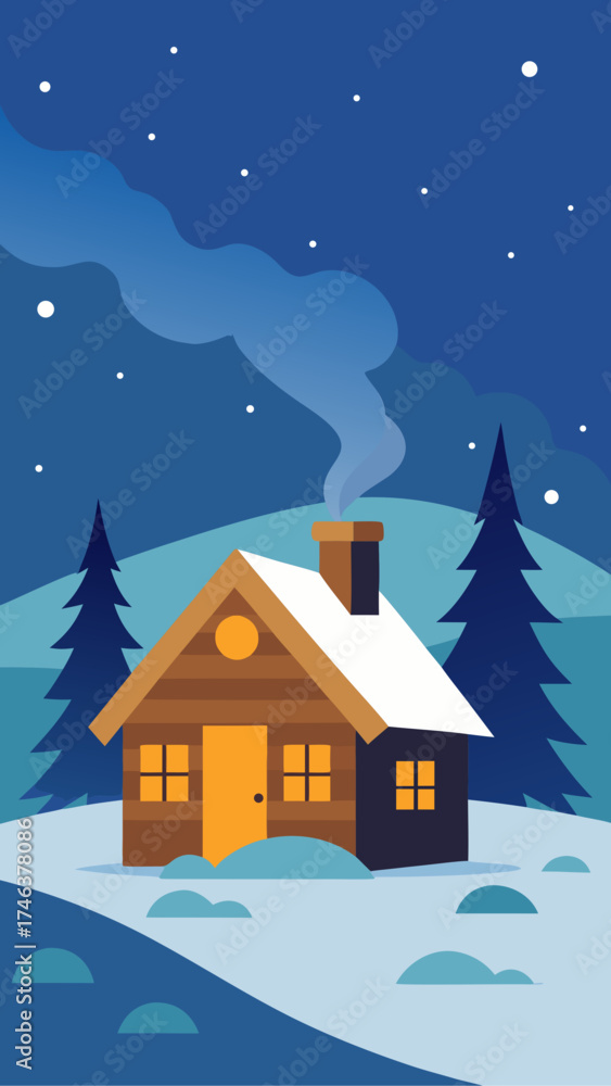 Naklejka premium Cabin in the woods under a starry winter night sky