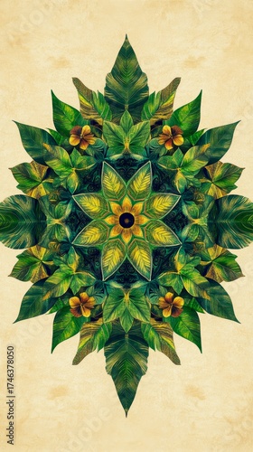 Leafy green flowery design with a yellow center. The design is made up of many different types of leaves and flowers