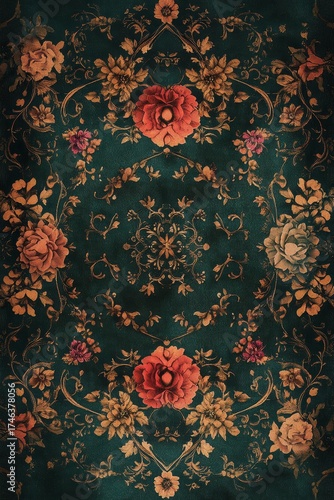 Floral patterned rug with a variety of flowers and leaves. The rug is green and brown in color
