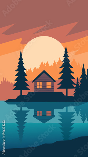 Cabin on the lake at sunset with tree reflections
