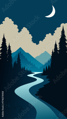 Landscape with river mountains trees and crescent moon
