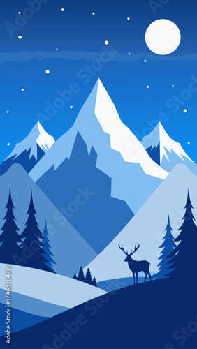 Illustration of a deer in a snowy mountain scene
