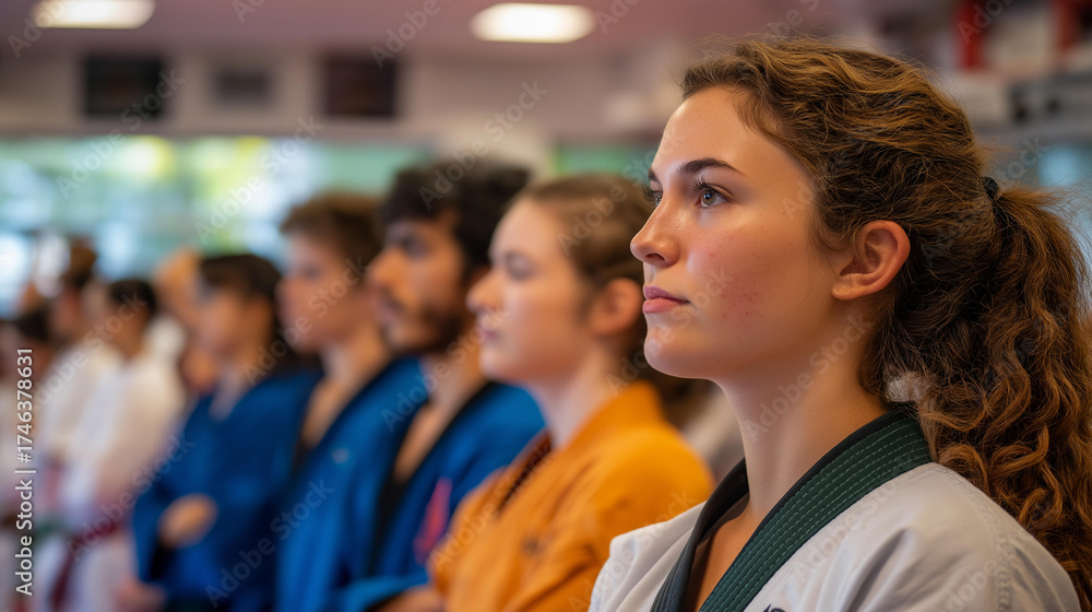 Fototapeta premium Taekwondo athletes lined up at martial arts school torsos framed belts visible expressions out dojo background defocused sports team martial arts faceless background