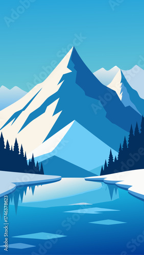 Mountain landscape with lake and forest illustration