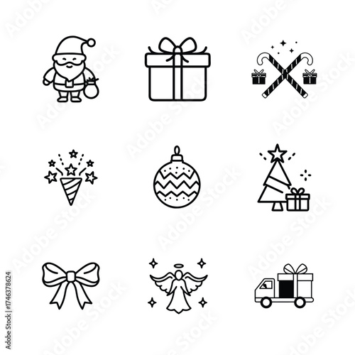 Delightful Christmas Icon Collection—Use in Holiday Greeting Cards, Festive Branding, Websites, and Seasonal Print Designs. This set includes Santa Claus, a sparkling bauble, a graceful angel etc.