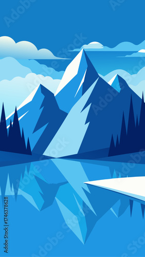 Stylized mountain range reflecting in calm water