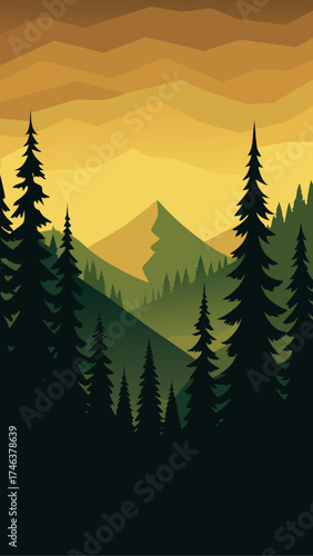 Illustration of a forest landscape at golden hour