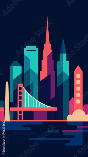 Stylized cityscape with bridge and various buildings