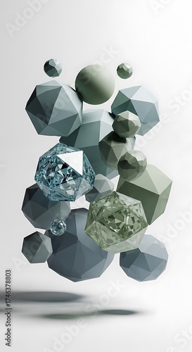 Geometrical arrangement featuring floating shapes in soft, muted color palette