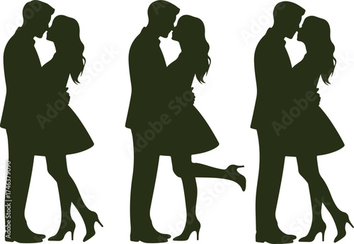 Romantic couple silhouette set featuring man and woman in loving poses, embracing and kissing. Elegant vector illustration symbolizing love, affection, intimacy, and romantic relationships.