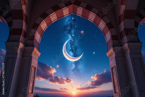 view through the mosque arches into the magic ramadan sky with crescent moon and star, festive islamic holiday celebration concept with copy space.